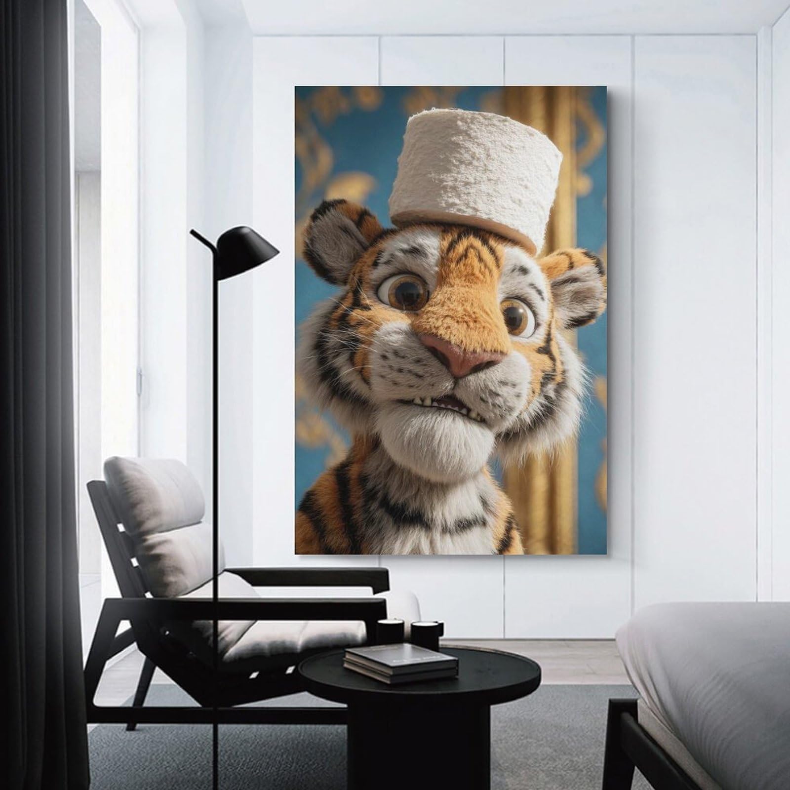 Junmoney Tiger with Toilet Paper Hat Home Decor Wall Art 24x36inch(60x90cm), for Office, Study Or Home Workspace, Home Office Artwork with Decorative Appeal