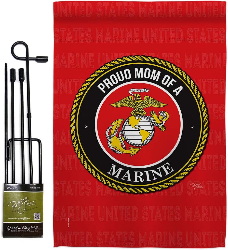 Breeze Decor Proud Mom Garden Flag Set with Stand Armed Forces Marine Corps USMC Semper Fi United State American Military Veteran Retire Official House Yard Gift Double-Sided, Made in USA