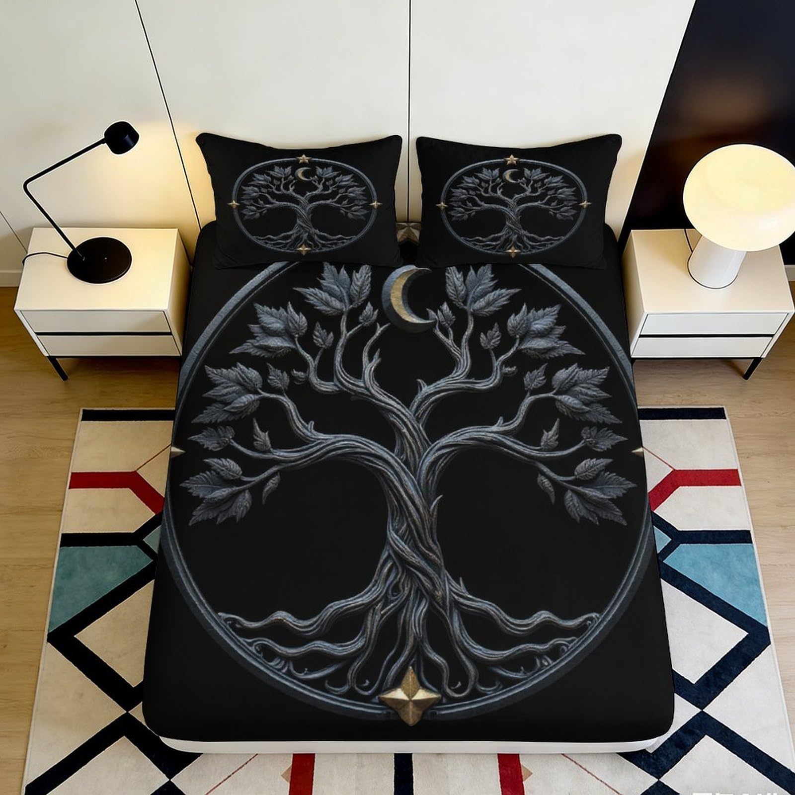 3D Printed Mystic Tree Fitted Sheet Microfiber Black Moon Mattress Cover Non-slip Washable for Bedroom Guest Room 90x200x25cm