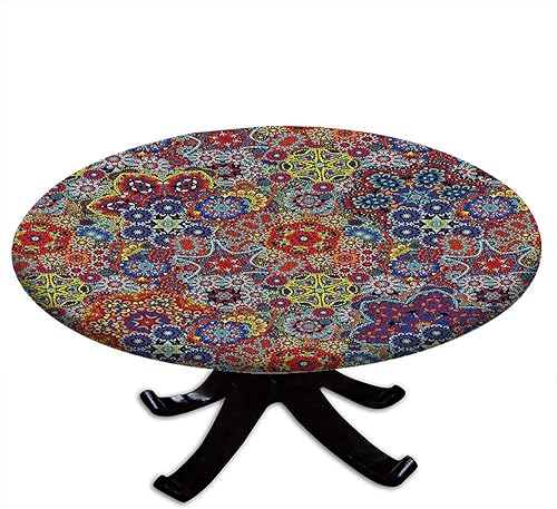Batik - Mantel redondo con diseño de cachemira vintage, borde elástico, impermeable y lavable, para mesas de comedor, fiestas de bufé y camping,