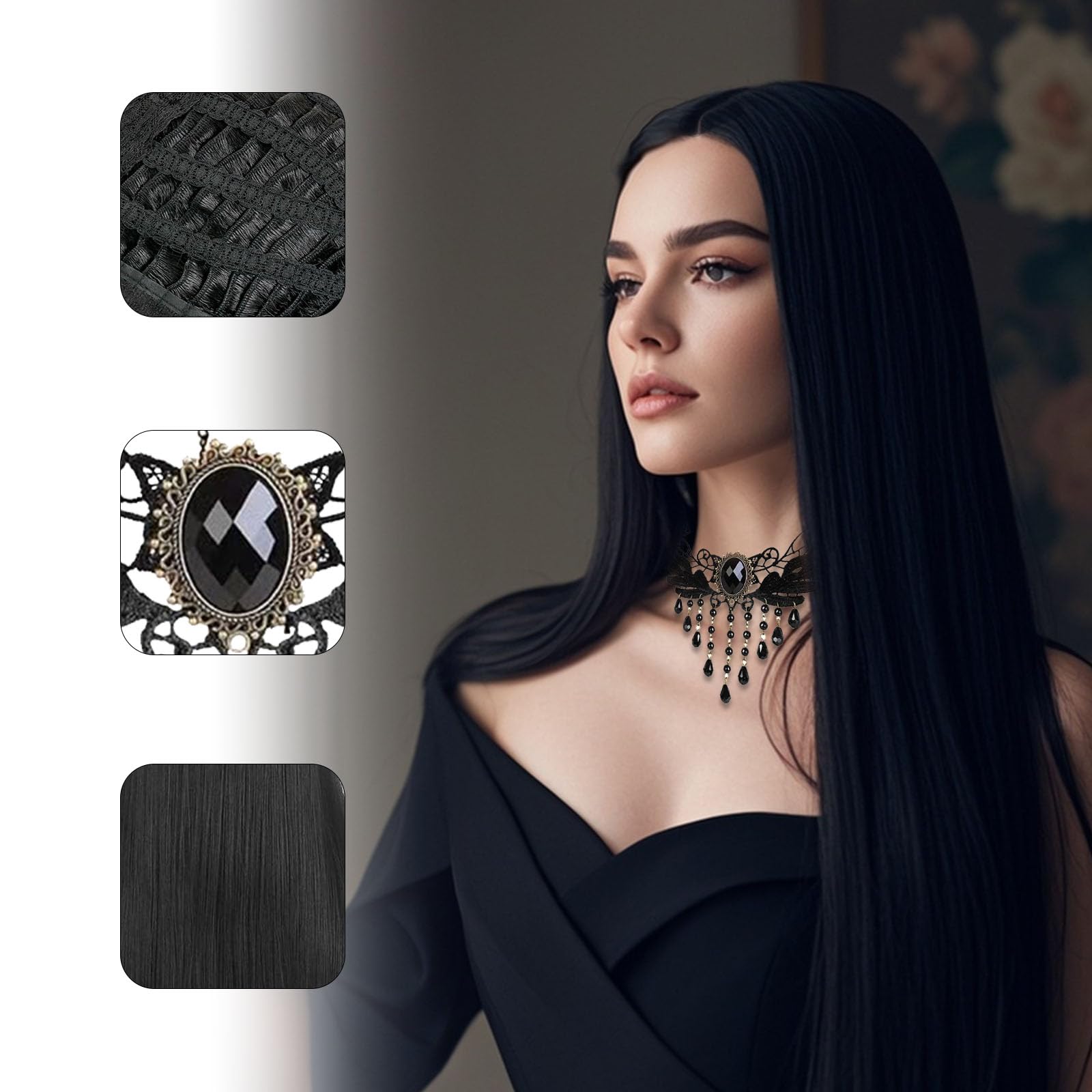 Peruka czarna kostium czarownicy dla kobiet z akcesoriami, kostium Morticia Addams na Cosplay, Halloween, karnawał i imprezy tematyczne