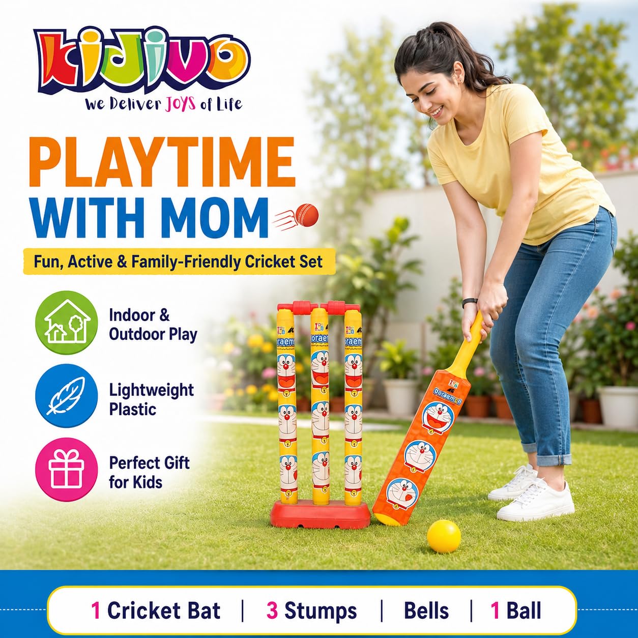 KIDIVO Plastic Cricket Set with Stump and Ball Playing Set for 2-5 Year Kids(Doraemon, Size:- Small, Multicolor) 2