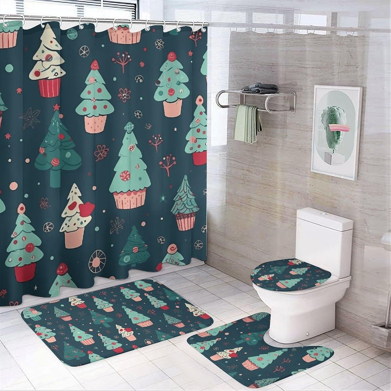 Cupcakes Shower Curtains Set 4 Piece with Non-Slip Rugs, Toilet Lid Cover and Bath Mat Soft Bathroom Carpet Waterproof Bathroom Curtain with 12 Hooks for Bathroom Decor