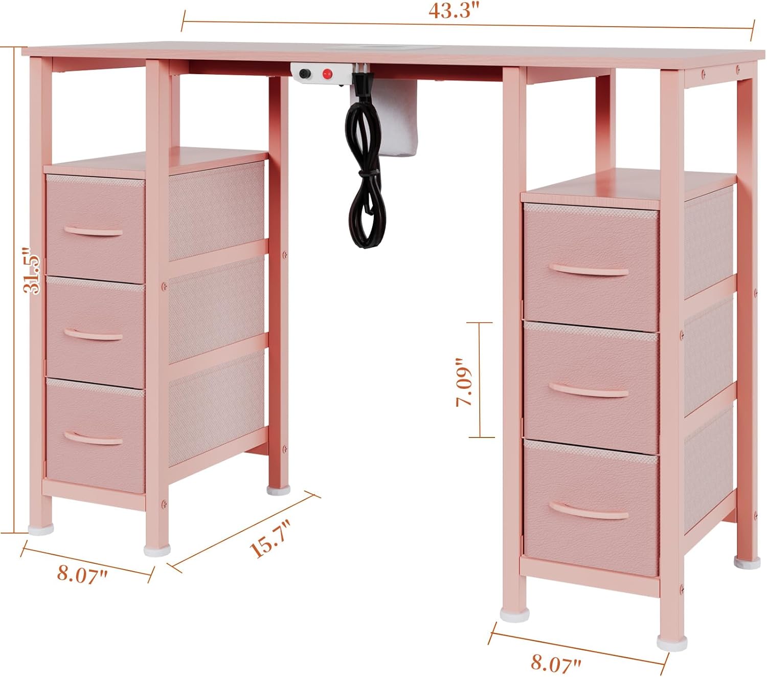 WODRAWER Manicure Table Nail Desk for Nail Tech, Nail Beauty Table w/Electric Dust Collector & 6 Storage Drawers & Open Shelves for Home, Workshop, Makeup Beauty Salon Workstation (Pink)
