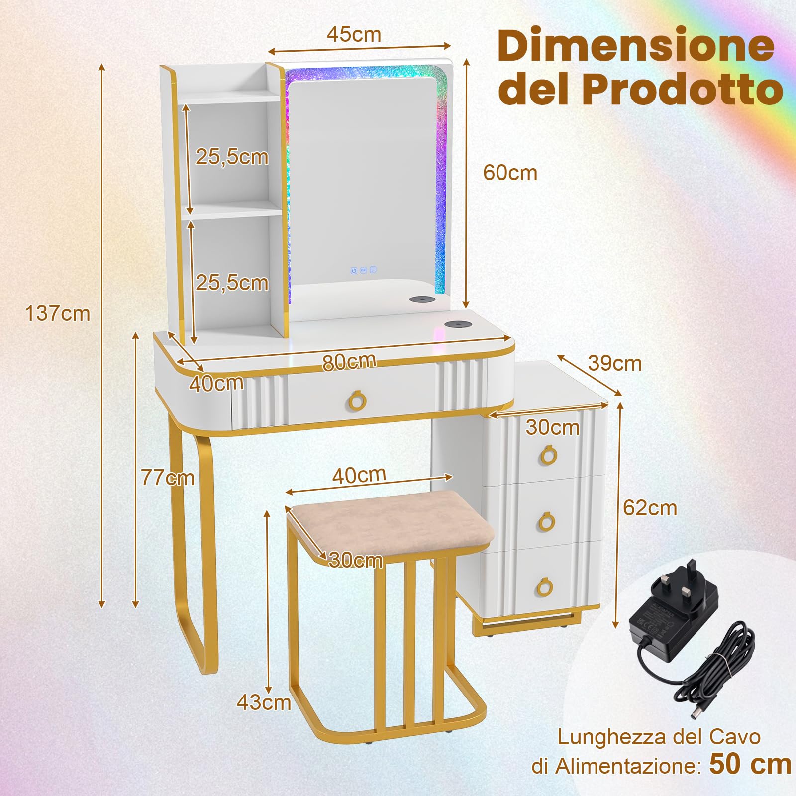 RELAX4LIFE Toeletta da Trucco con Luci LED, Tavolo da Trucco con Specchio, Set di Postazione Trucco con Porta USB/Type-C/Ricarica Wireless, per Camera da Letto, 80x40x137 cm (Bianco)