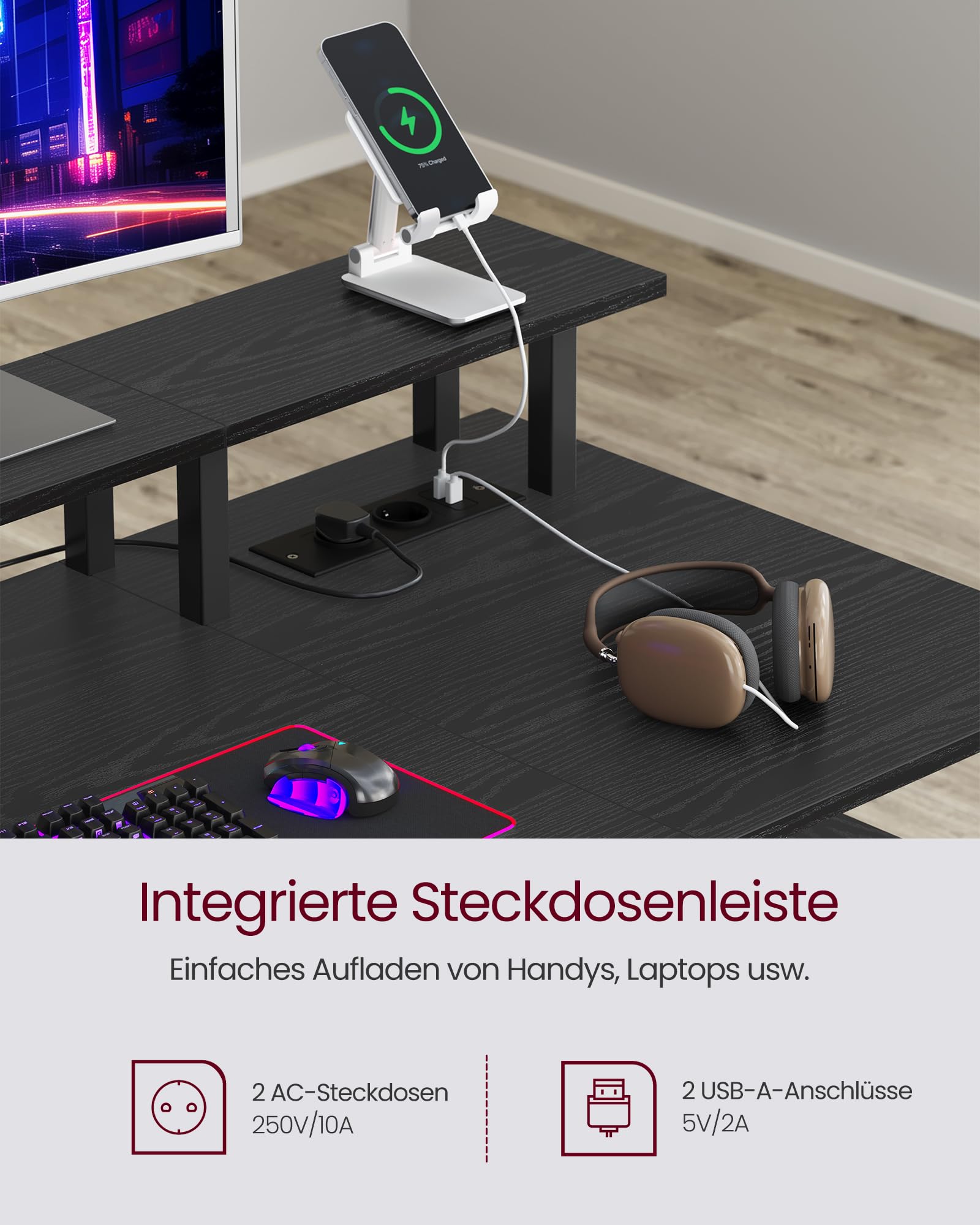 VASAGLE Gaming-Schreibtisch, mit Schubladen aus Stoff, Computertisch mit Bildschirmhalterung, Mehrfachsteckdose, 2 USB-Anschlüsse, für Heimbüro, 120 x 60 cm, Schwarz Holz LWD093B01V1