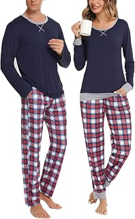 Mens Pajama Set Long Sleeve Pajamas Plaid Pajamas Set Comfy Couple Sleepwear Warm Pjs Set Pajama Pants with Pockets
