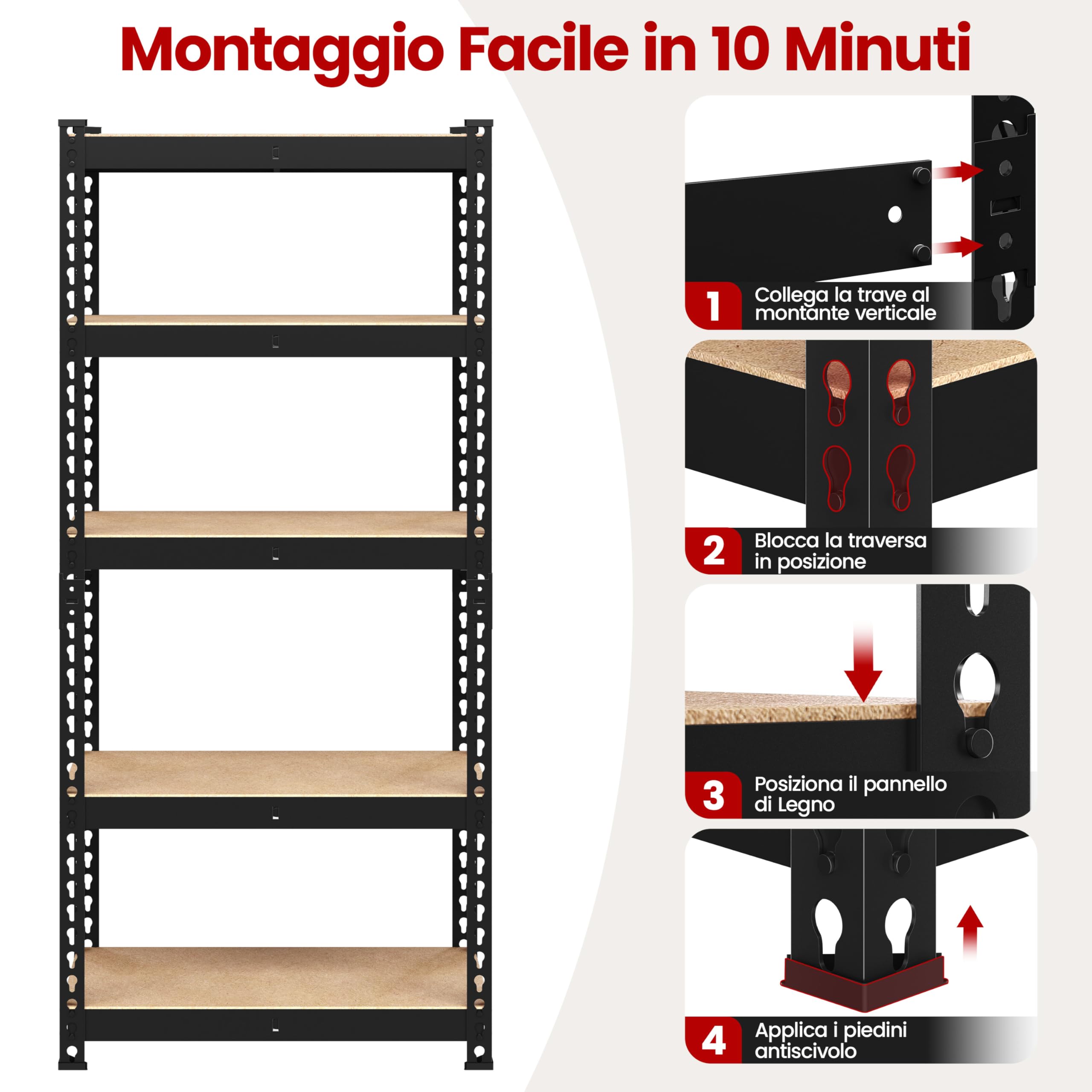 Yaheetech Scaffale Metallo Garage 70×30×150 cm Scaffalatura di Stoccaggio a 5 Ripiani Regolabili Montaggio Facile Senza Bulloni Portata 130 kg per Ripiano per Magazzino Cantina Officina Nero