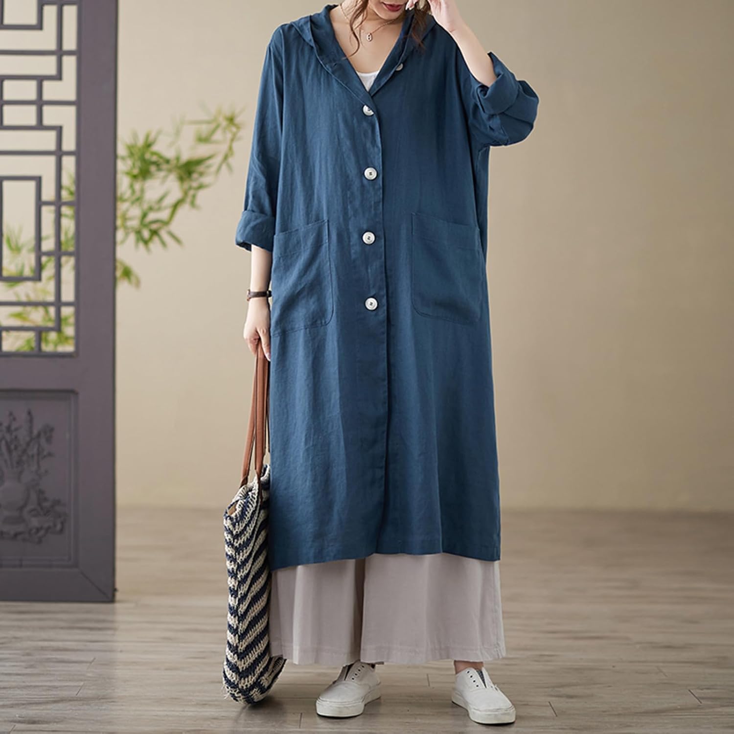 [二力] ロング トレンチコート レディース 大きいサイズ フード付き スプリングコート 無地 アウター 防風 チュニック カジュア