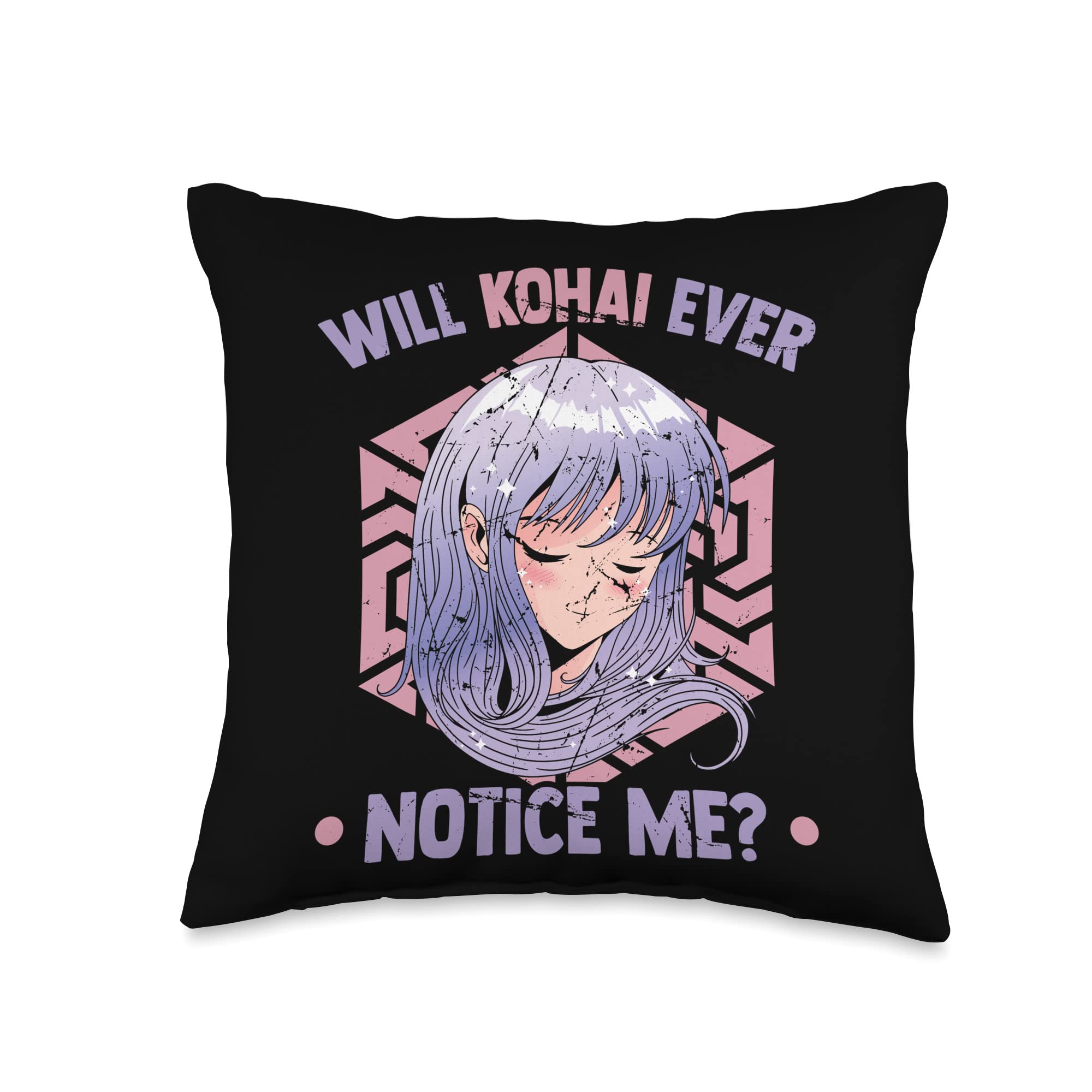 Vintage Anime Aesthetic Stuff Will My Kohai Ever Notice Me-Kawaii Otaku Anime Manga Throw Pillow, 16x16, Multicolor