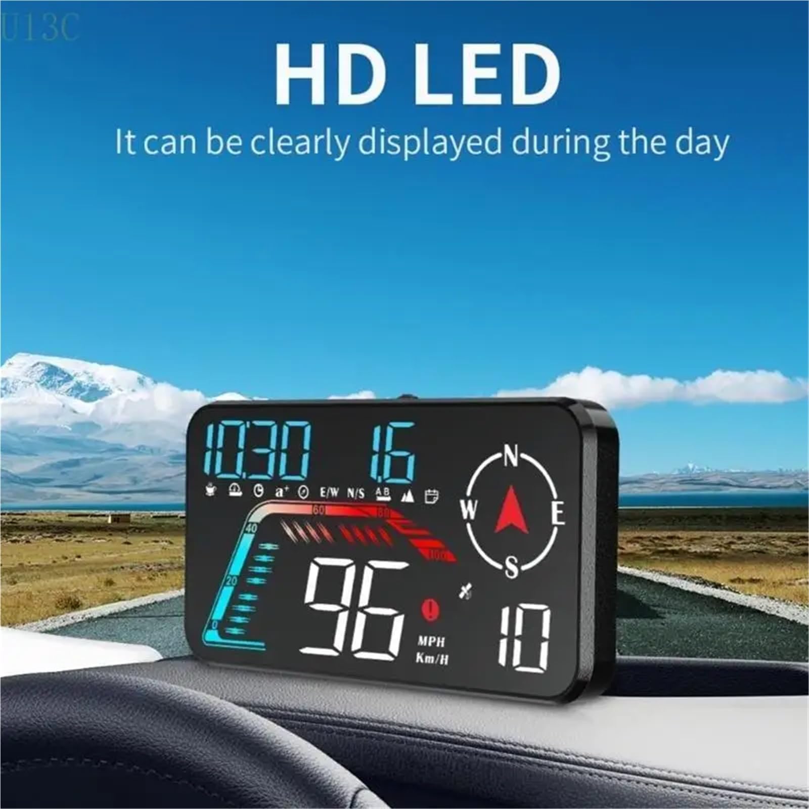 Head-Up Display Car Electronic Speed ClockGauge Driving Speedometer Alarm System(Blue and white)