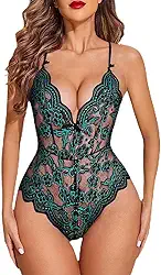 Lingerie feminina sexy de renda, body de pelúcia, gola V, Babydoll Snap Crotch, conjunto de lingerie de uma peça, Preto e verde, M