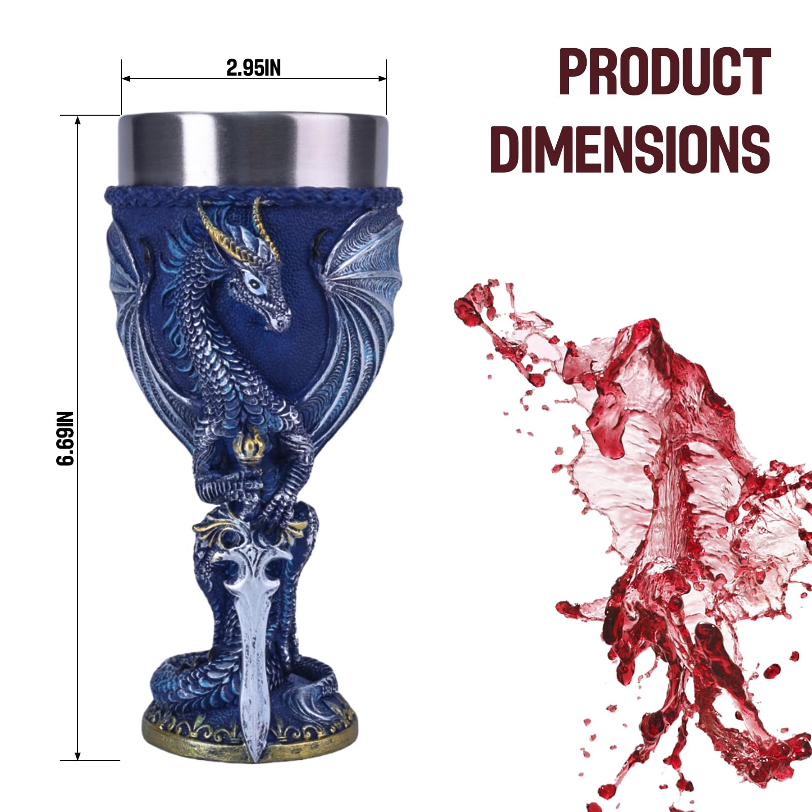 Mittelalter Drache Kelch, Gotischer Drachen Kelch, Goblet Resin Wine Cup with Stainless Steel Lining,Fantasy Dungeons and Dragons Chalice,200 ml (Blauer Schwert-Drache)