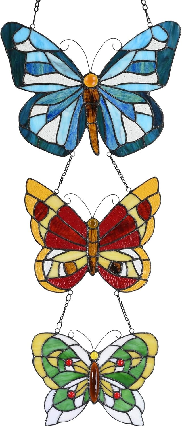 Bieye W10053 Butterfly Tiffany Style Stained Glass Window Panel with 3 Pieces Hanging Successively Within Chains, 12" W x 25" H
