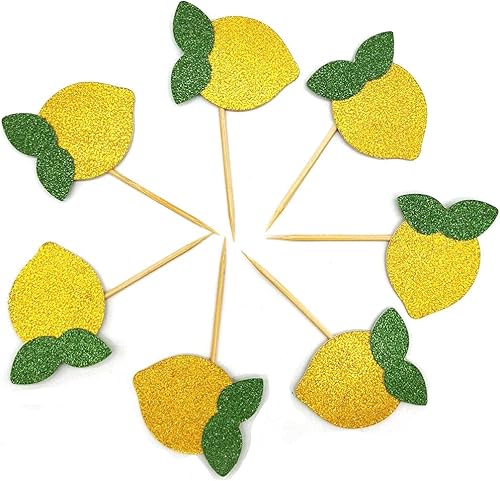 Gold Glitter Lemon Cupcake Toppers Fruits Theme Party, Lemonade Party Decor, Summer Cupcake Toppers Pack of 18