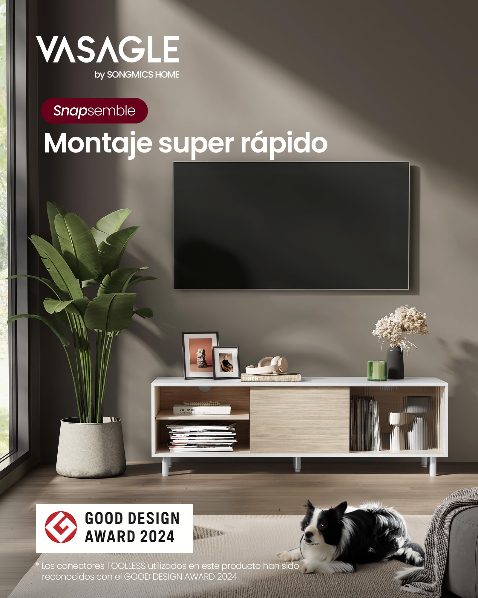 VASAGLE Mueble TV para Televisores de hasta 32/45/50/55/60 Pulgadas, Montaje Súper Rápido Sin Herramientas Toolless, para Salón, Vidrio Ranurado, Moderno, 140 x 39 x 45 cm, Blanco LTV466W01