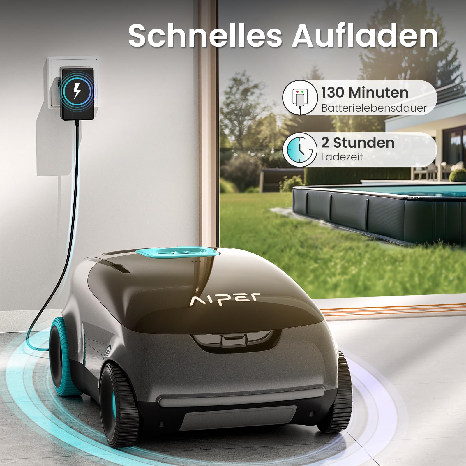 AIPER Scuba E1 Kabelloser Poolroboter, Poolsauger Akku für Aufstellpools bis 100 m², 100–130 Min. Laufzeit, 3-Motoren-System, Dual-Filtersystem, Auto-Park-Technologie, LED-Anzeige