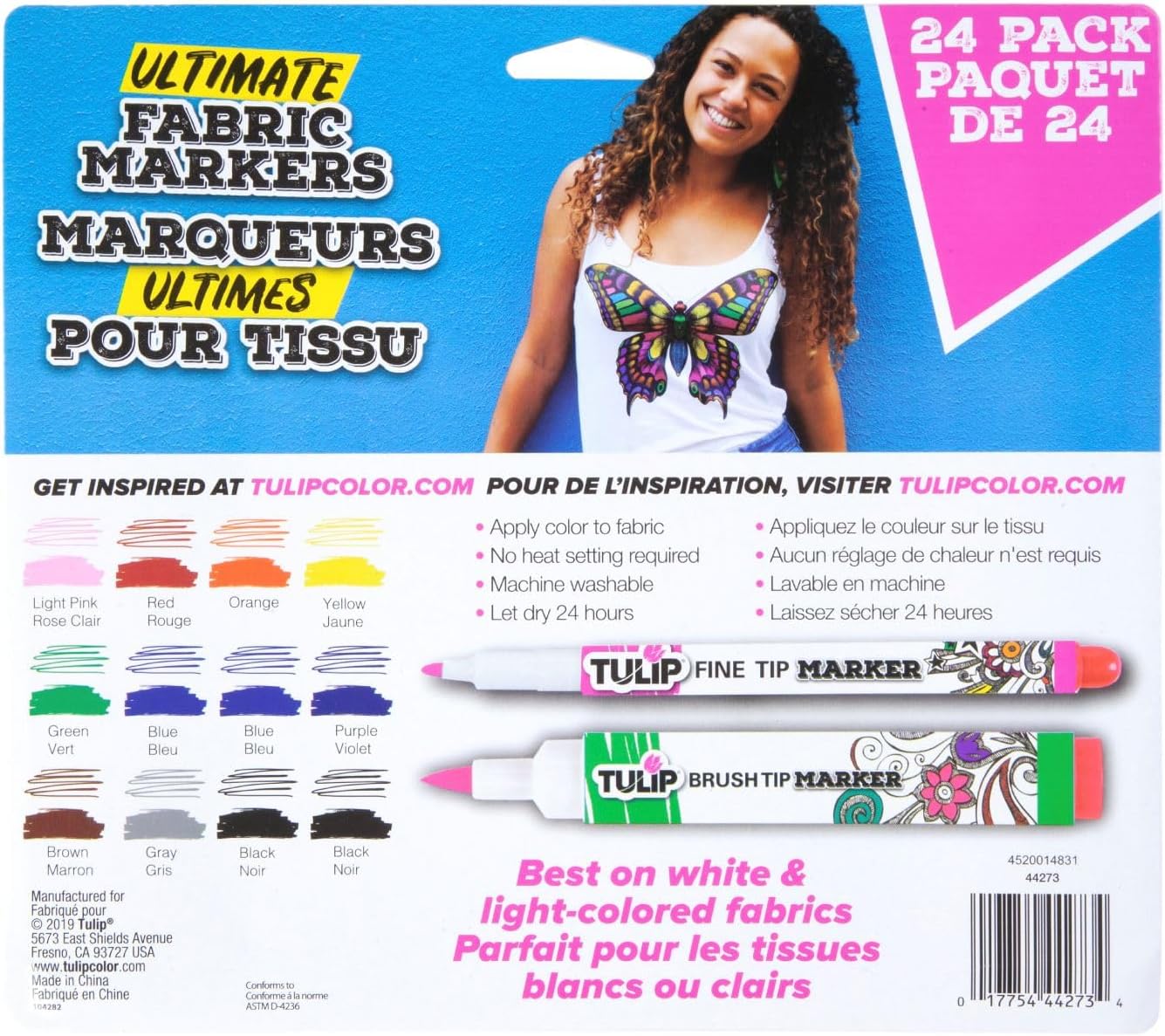 Tulip Fine Tip & Brush Tip Permanent Fabric Markers Ultimate Rainbow Pack, 24 Colors, Non-Toxic