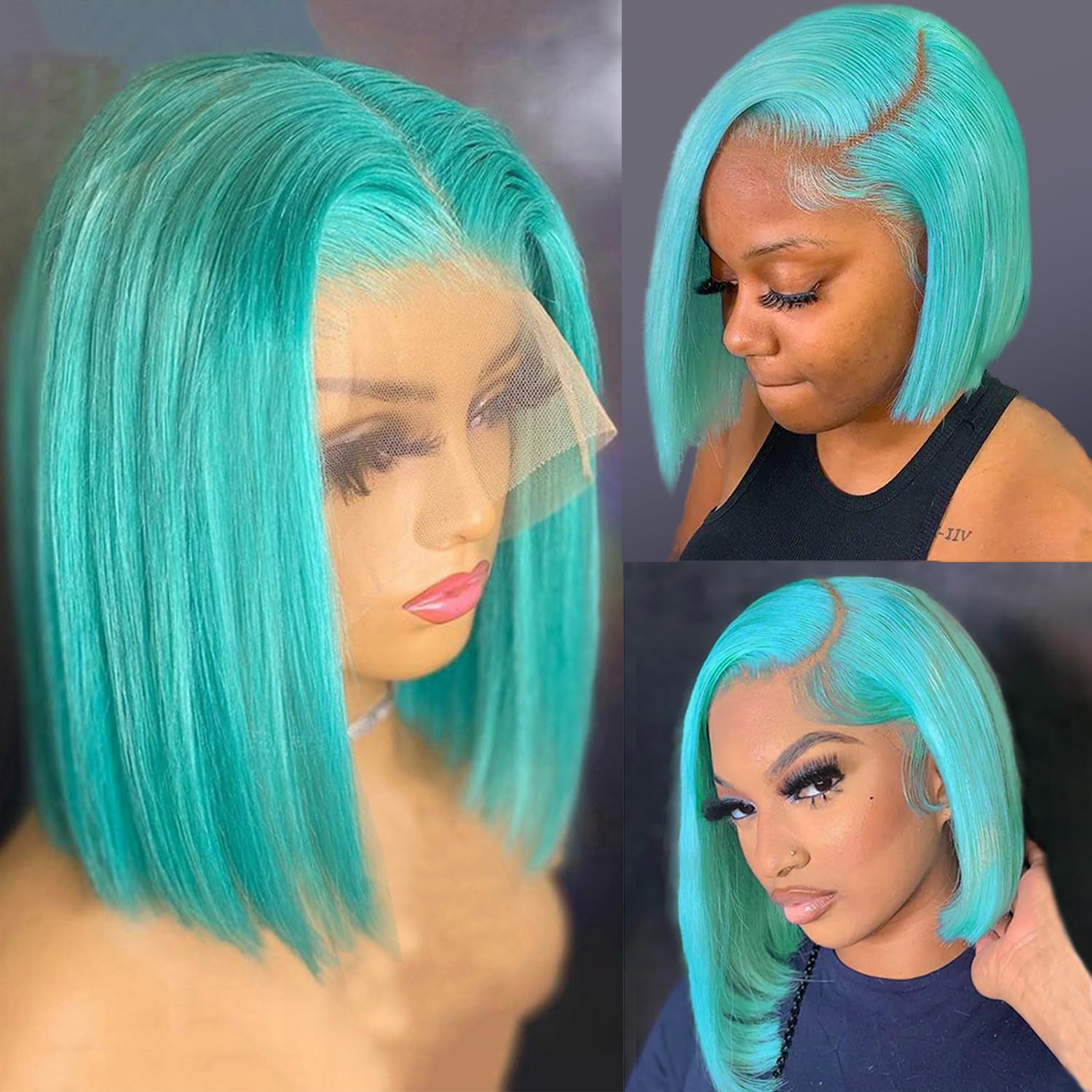 Munx 13x6 HD Bob Lace Front Wig Human Hair for Black Women Invisible Transparent Lace Front Straight Blunt Cut Bob Wigs Natural Hairline Lake Blue