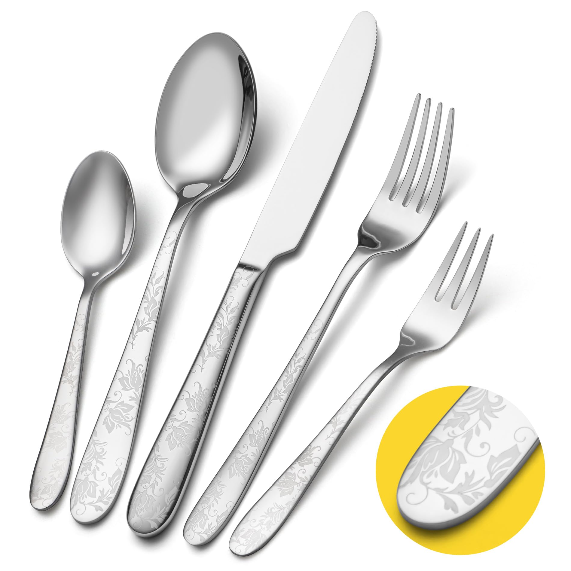 Besteck Set 6 Personen, EIUBUIE 30-teiliges Edelstahl Besteckset mit elegantes Blumenmuster, Essbesteck Set mit Messer Löffel Gabel, Tafelbesteck für Haus/Restaurant, Spiegelpoliert, Spülmaschinenfest