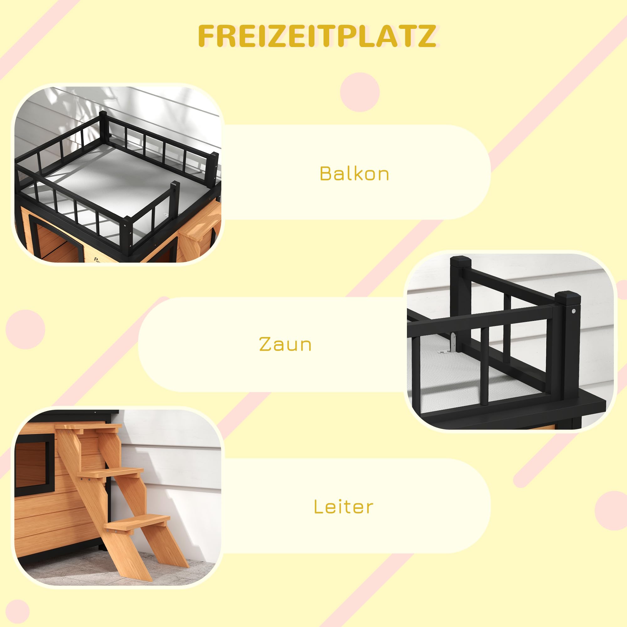 PawHut Domek dla psa z balkonem, podwyższony domek dla małych zwierząt ze schodami, oknem, legowiska dla małych, średnich psów, drewno jodłowe, żółta, 121 x 77 x 78 cm