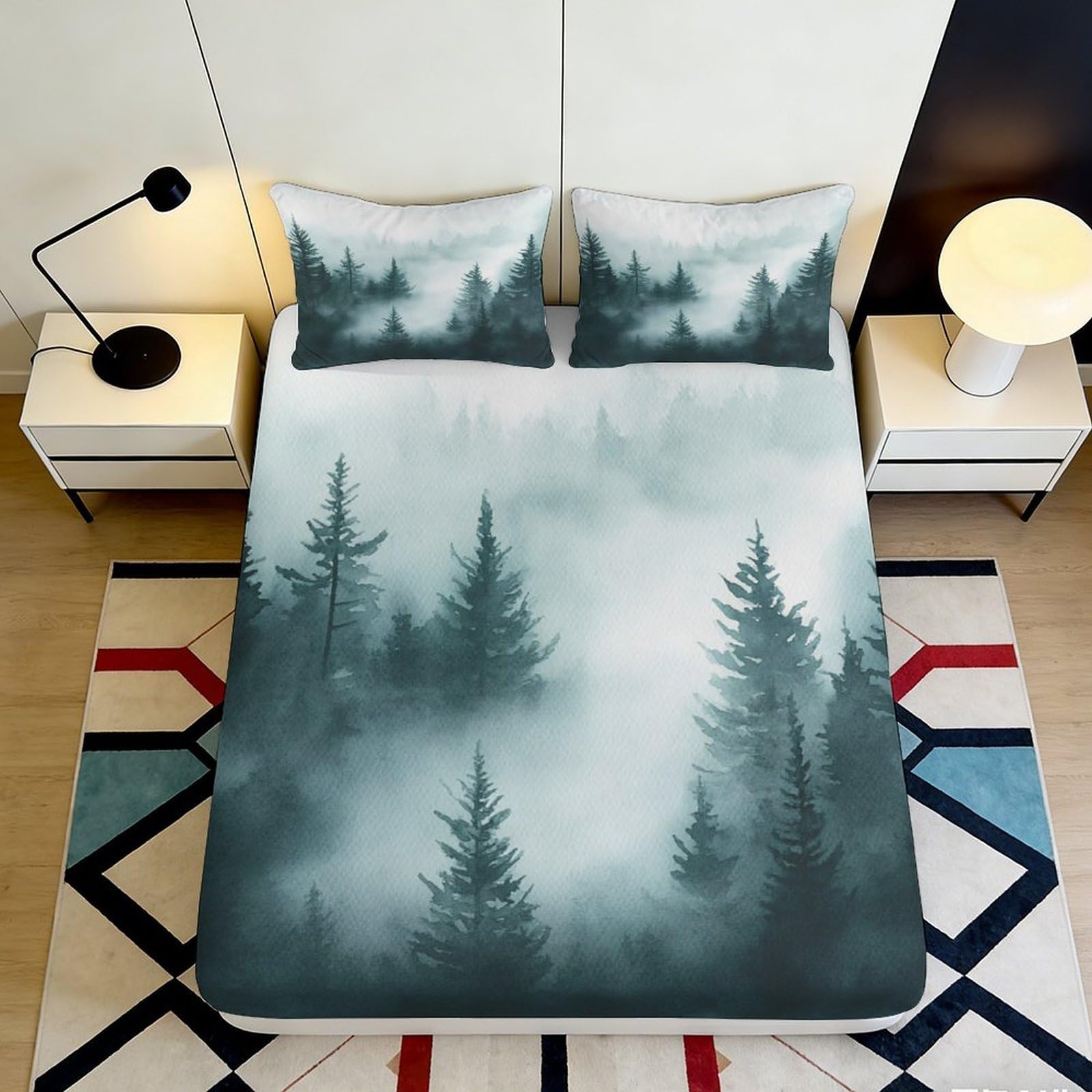 3D Printed Misty Pine Forest Fitted Sheet Microfiber Soft Breathable Foggy Woodland Mattress Cover for Bedroom Decor 180x200x25cm