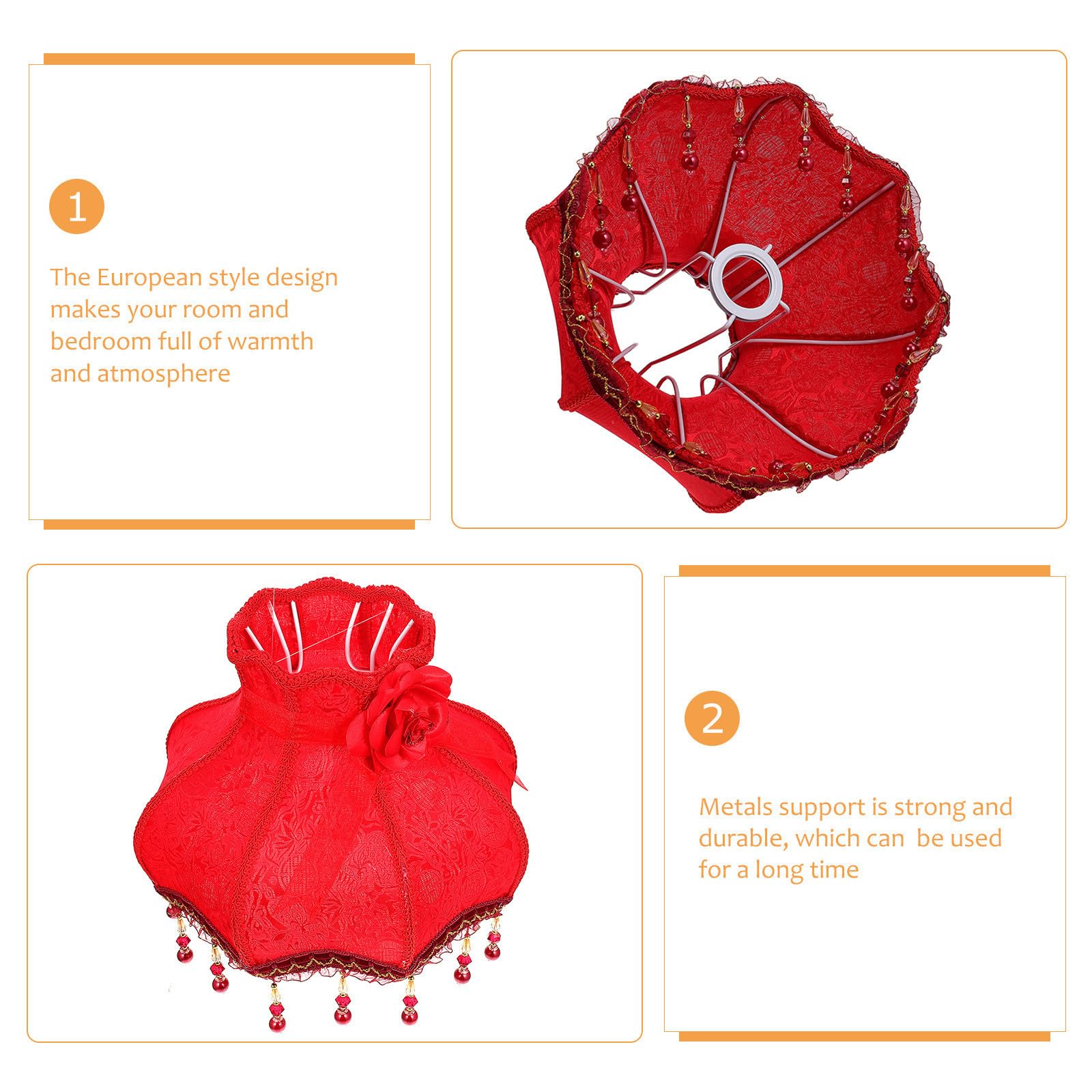 Roter Lampenschirm aus Stoffspitze mit Perlen für E27, 4cm