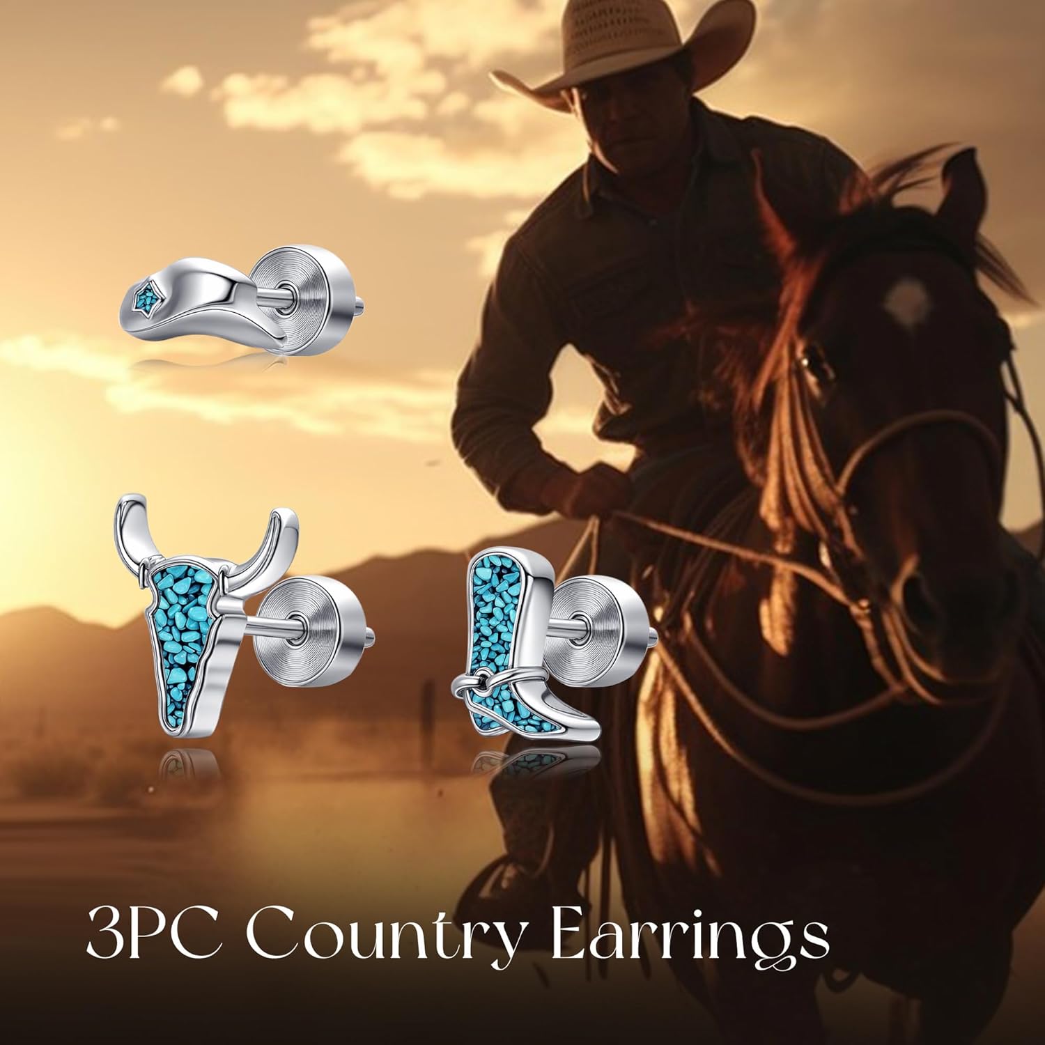 3PC Country Earrings Sterling Silver Cowboy Boot Earring Screwback Cowgirl Hat Country Jewelry Gifts For Women - Image 6