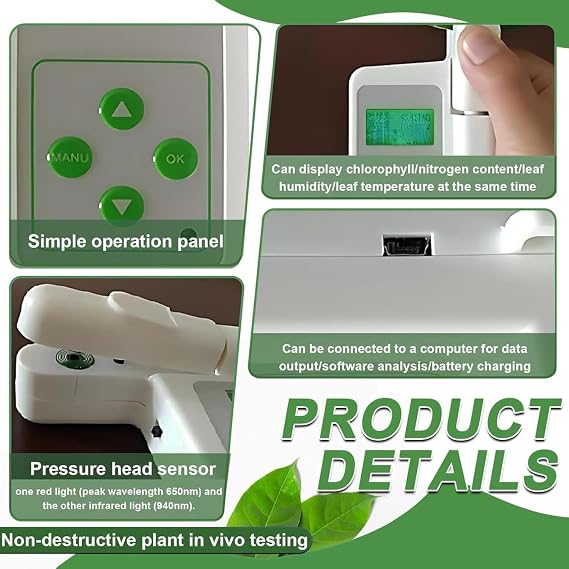 Portable Chlorophyll Meter, Handheld Chlorophyll Analyzer Chlorophyll Tester, Chlorophyll/nitrogen/Temperature/Humidity, 2000mah Lithium Battery, USB Data Export, for Precision Farming & Gardening