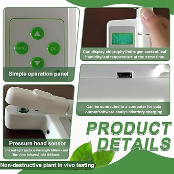 Portable Chlorophyll Meter, Handheld Chlorophyll Analyzer Chlorophyll Tester, Chlorophyll/nitrogen/Temperature/Humidity, 2000mah Lithium Battery, USB Data Export, for Precision Farming & Gardening