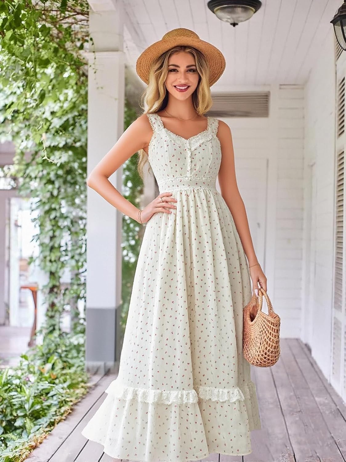 Womens Vintage Floral Print Corset Dress Spaghetti Strap Dress - Image 2