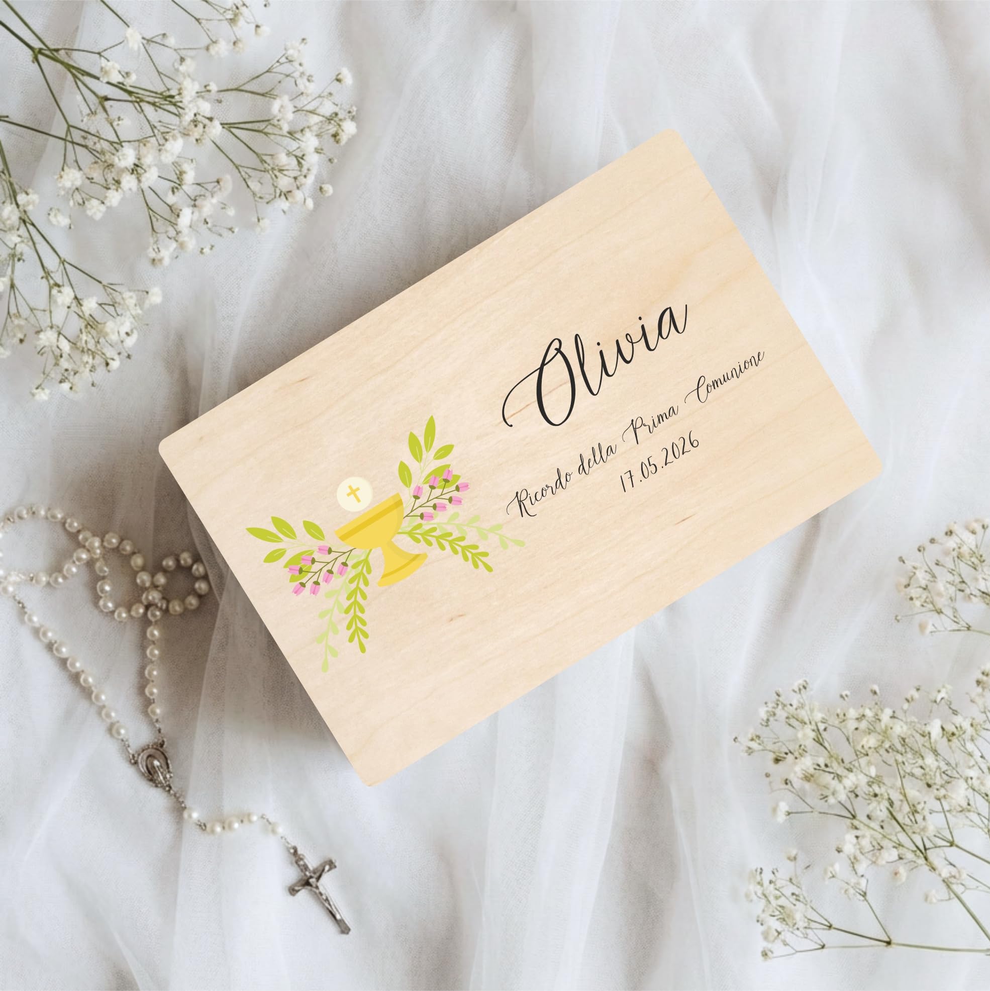 Creative Deco Prima Comunione Scatola di Regalo Personalizzato | Scatola della Memoria in Legno per Bambino/Bambina | Personalizzata - Calice Giallo | Incisione | per Ragazzo e Ragazza