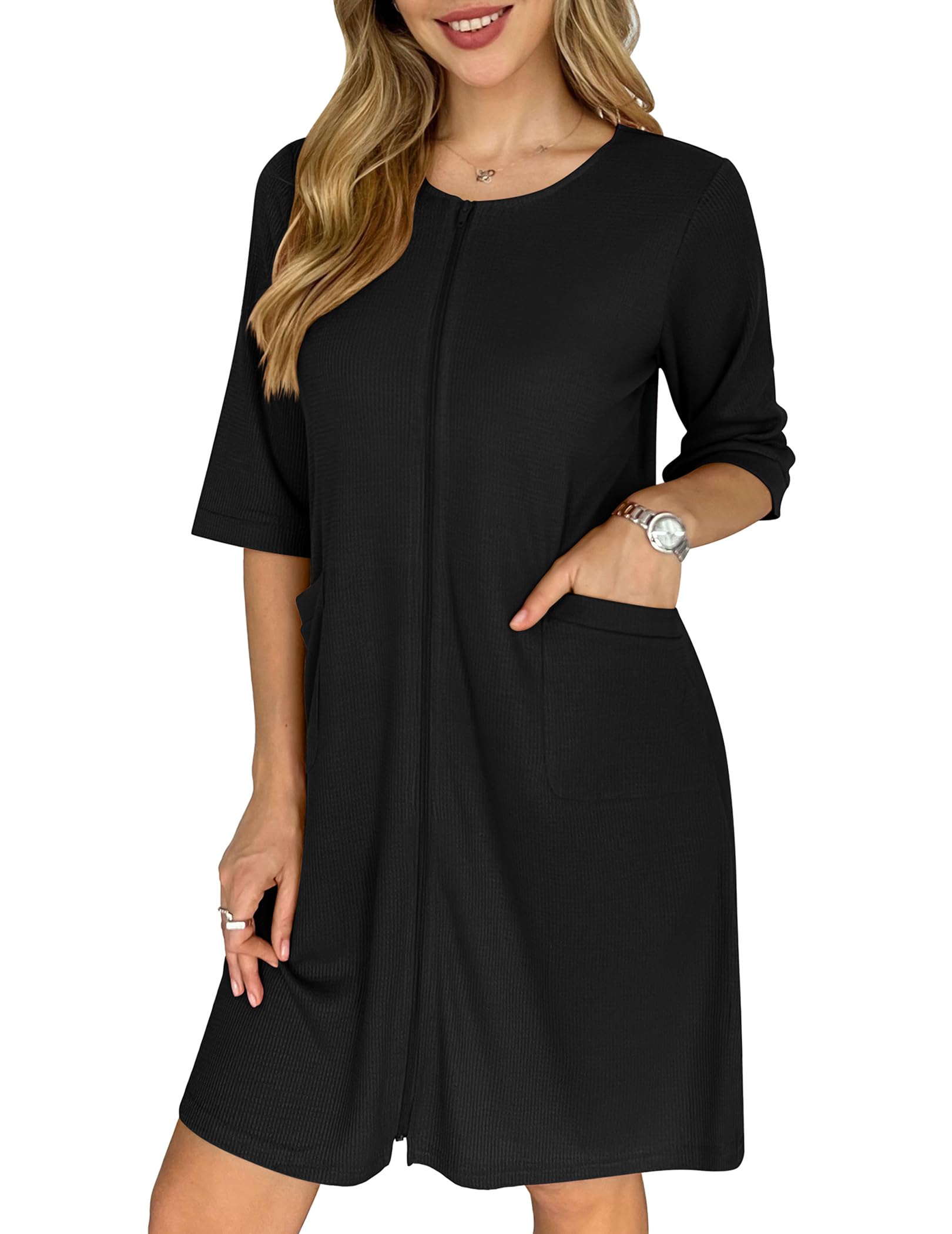 Ekouaer Zip Up Robes for Women Short Waffle Bathrobe Lightweight house coat 3 4 Sleeve Soft Nightgown with