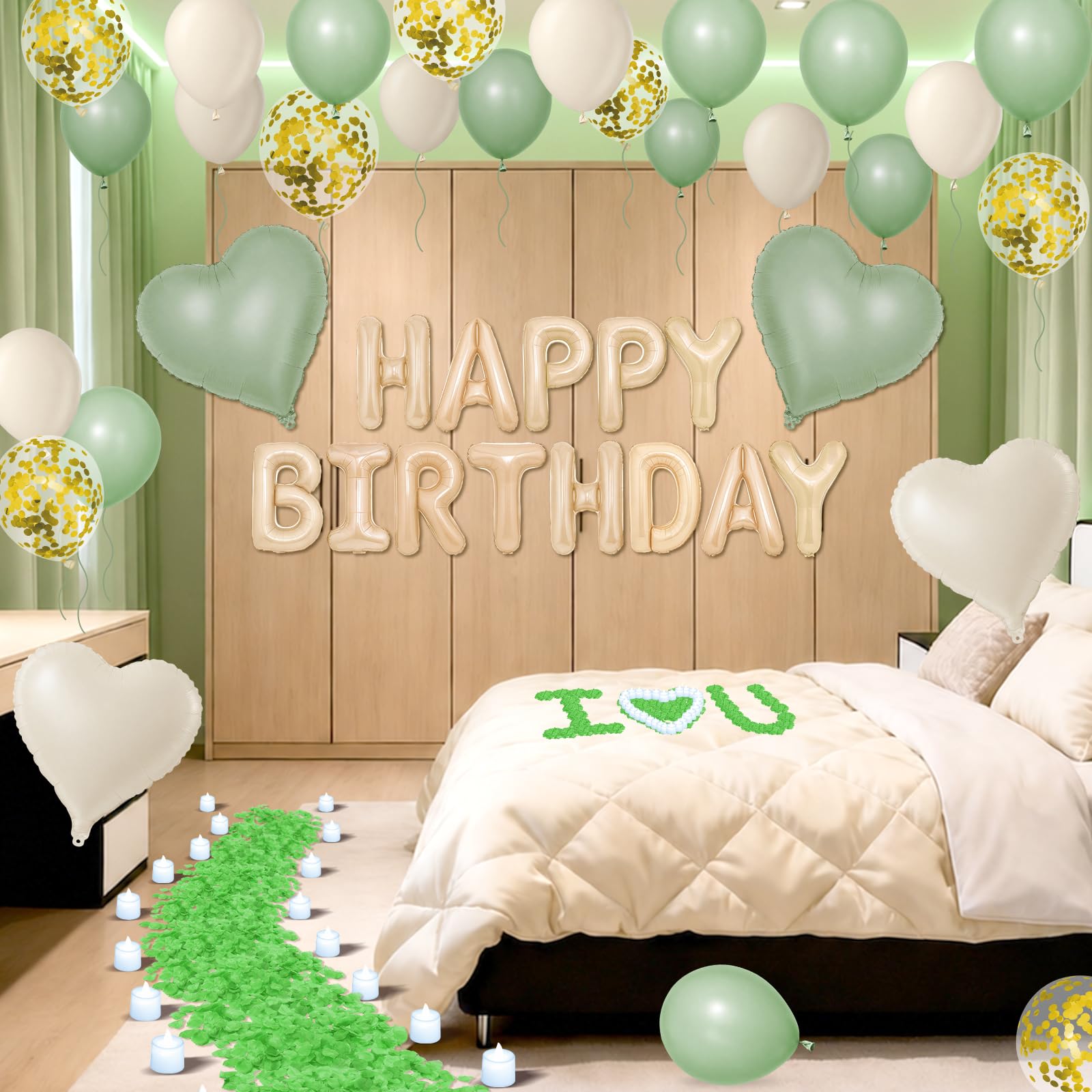 Ballons décoratifs vert sauge « Happy Birthday » - Bannière de ballons d'anniversaire avec ballons en forme d'étoile - 24 bougies LED sans flamme - Pour chambre, hôtel, fête