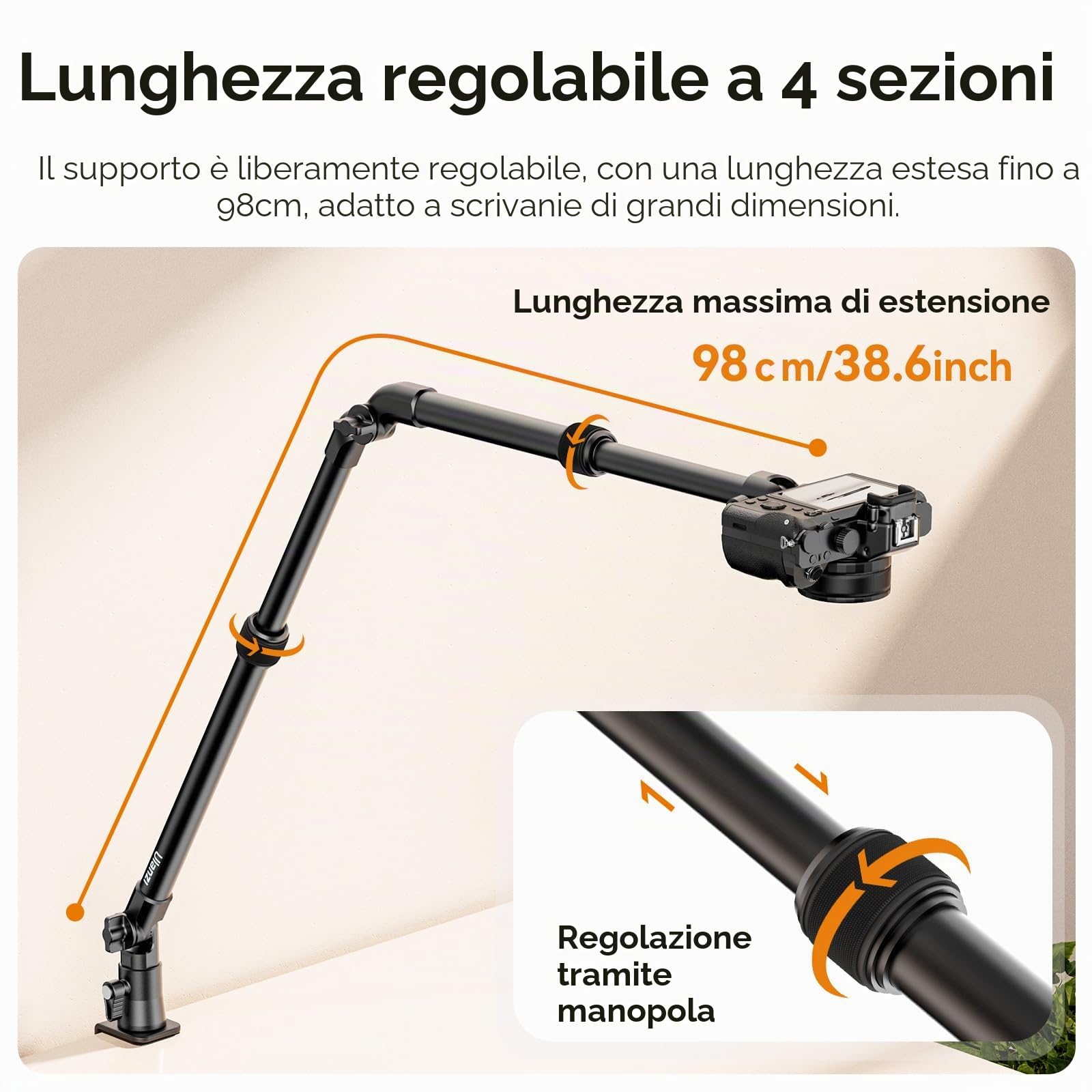 ULANZI ZJ02 Supporto da tavolo per fotocamera da 98 cm, Braccio articolato, Supporto da scrivania per illuminazione per streaming e videogiochi, testa a sfera a 360° per luce ad anello e poriettore