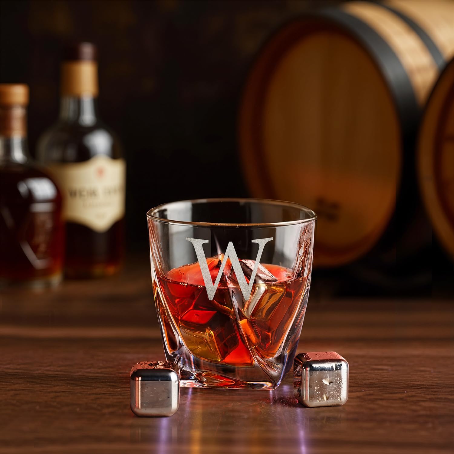 Custom Monogram Name Initial Icon Whiskey Gift Set of 2 Glasses, Tongs, & Stainless Steel Whiskey Stones – Personalized Premium Wood Box for Men Gift for Husband, Dad, or Him