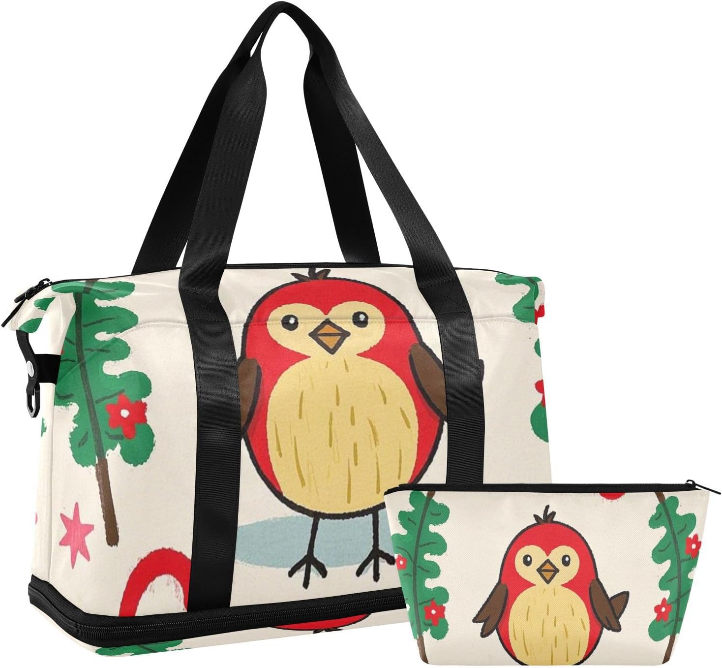 Merry Christmas Cartoon Bird Gym Tote Bag Large Carry On Airport Bag with Toiletry Bag for Gym Foldable