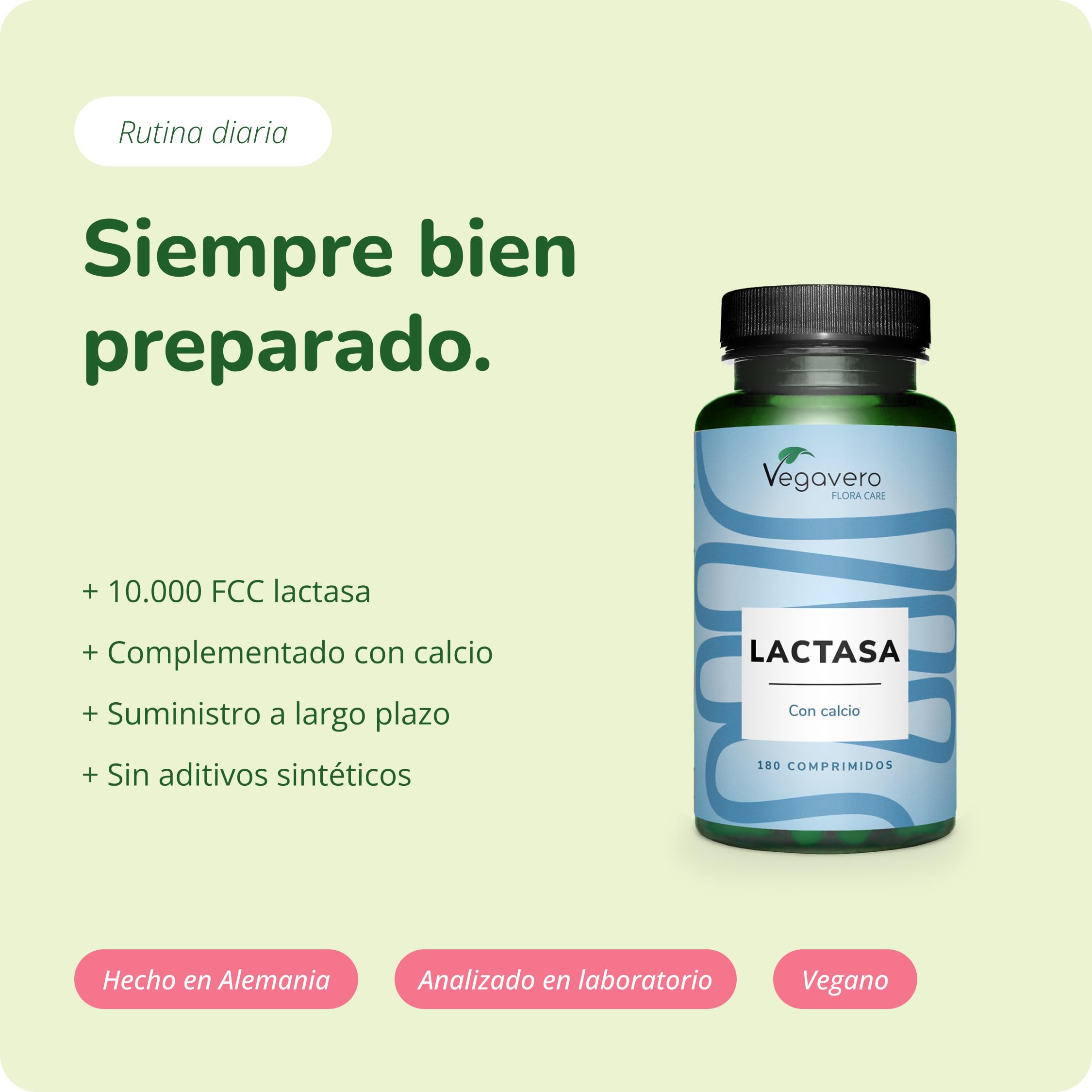 Vegavero Lactasa 10.000 FCC + Calcio | 180 Comprimidos | Digestión Lactosa