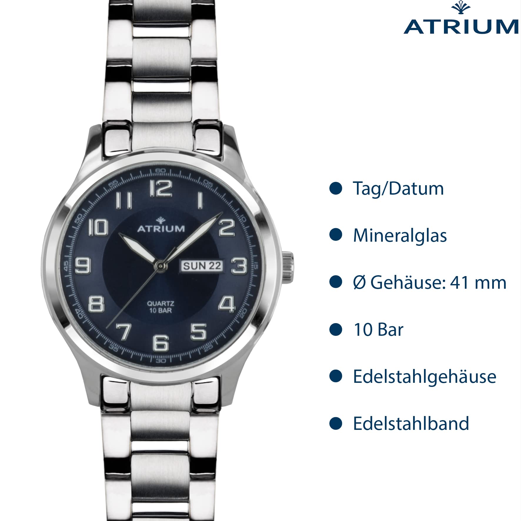 Atrium Herren-Armbanduhr Edelstahl Analog Quarz 10 bar mit Edelstahl Armband und Wochentag Datum Anzeige Silberfarben A39-35