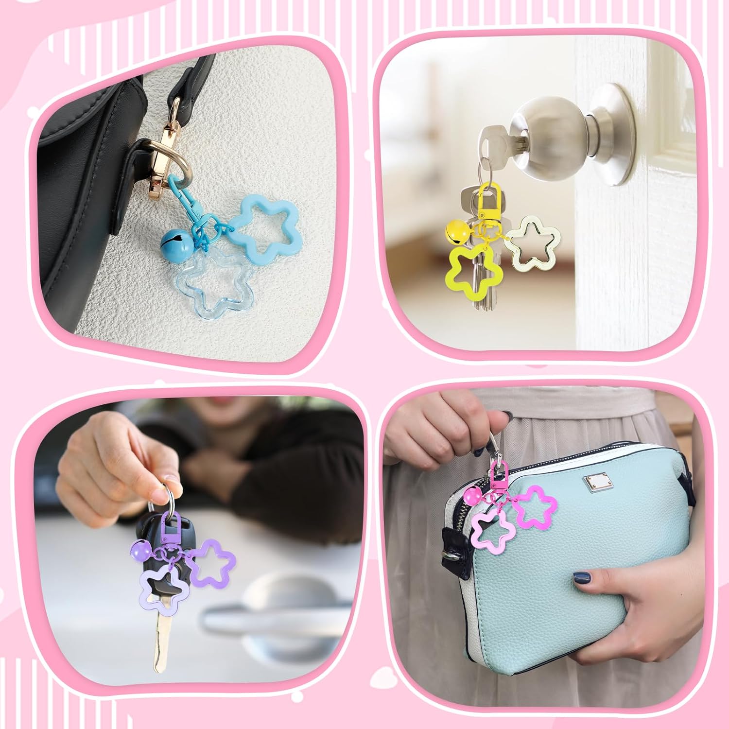 8PCS Star Keychain Clasp,Cute Star Keychains,Candy Color Acrylic Bag Charm Clip, with Bell, for Handbag Decoration, Mobile Phone Case Accessories, Car Key Pendant, Wallet Pendant - Image 4