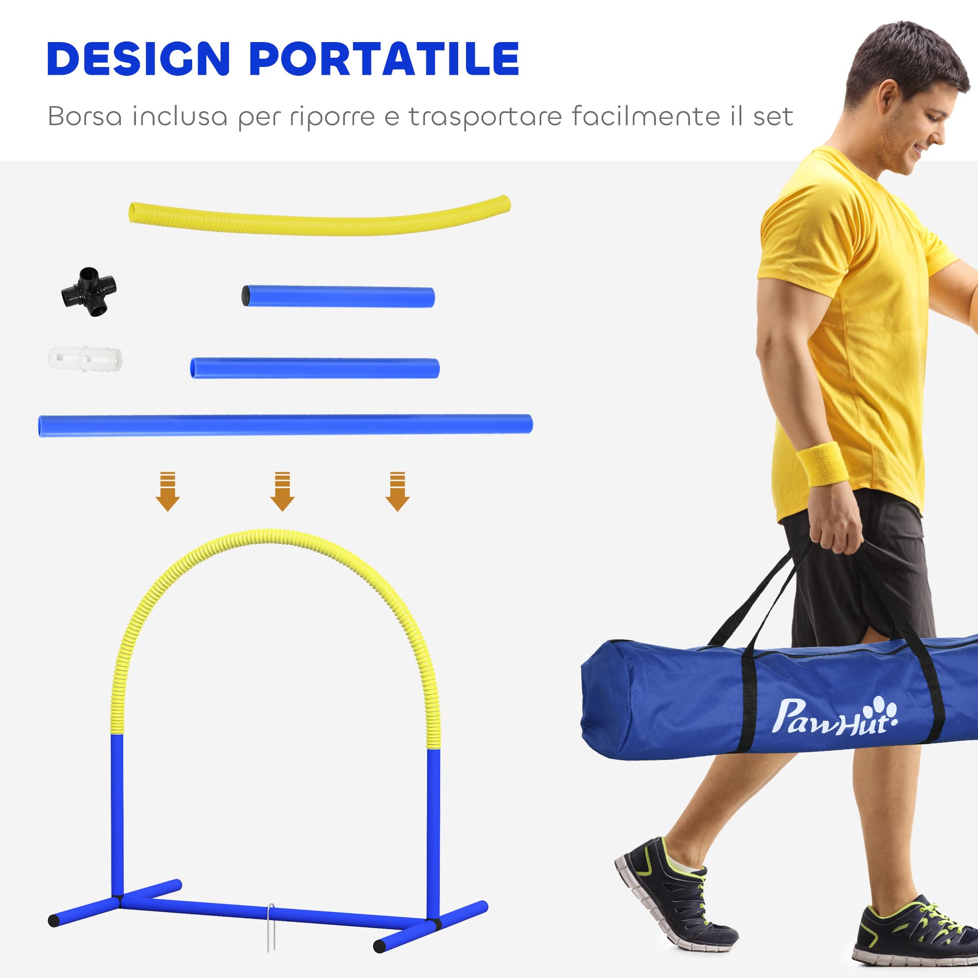 PawHut Set Agility Dog 4 Archi Componibili Borsa Trasporto Attrezzatura Percorso Addestramento PE ABS 88x64x95 cm Blu Giallo