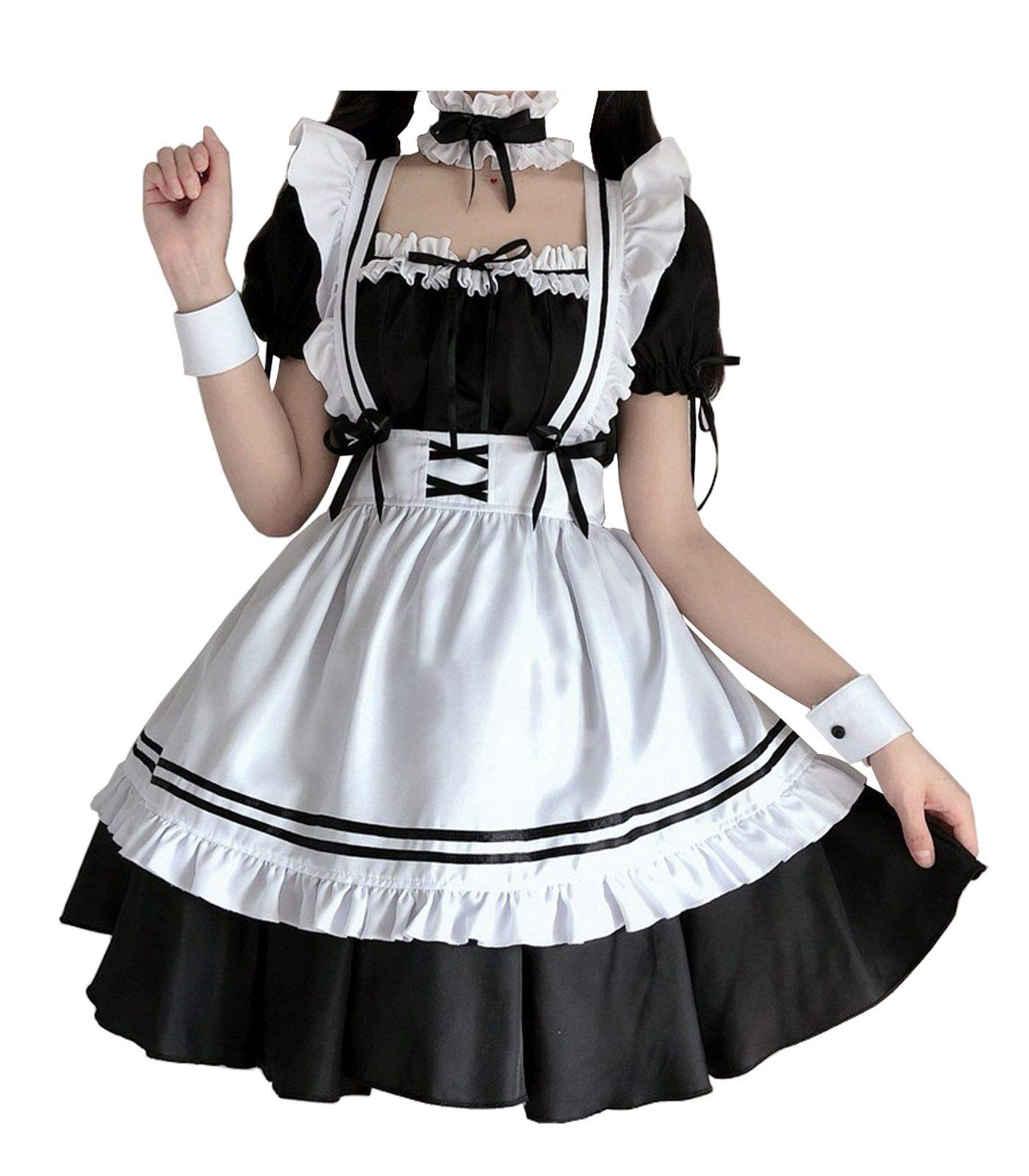 Womens French Maid Costume Cosplay Japanese Anime Lolita Dress Sissy Maid Dress Outfit - Black X-Large