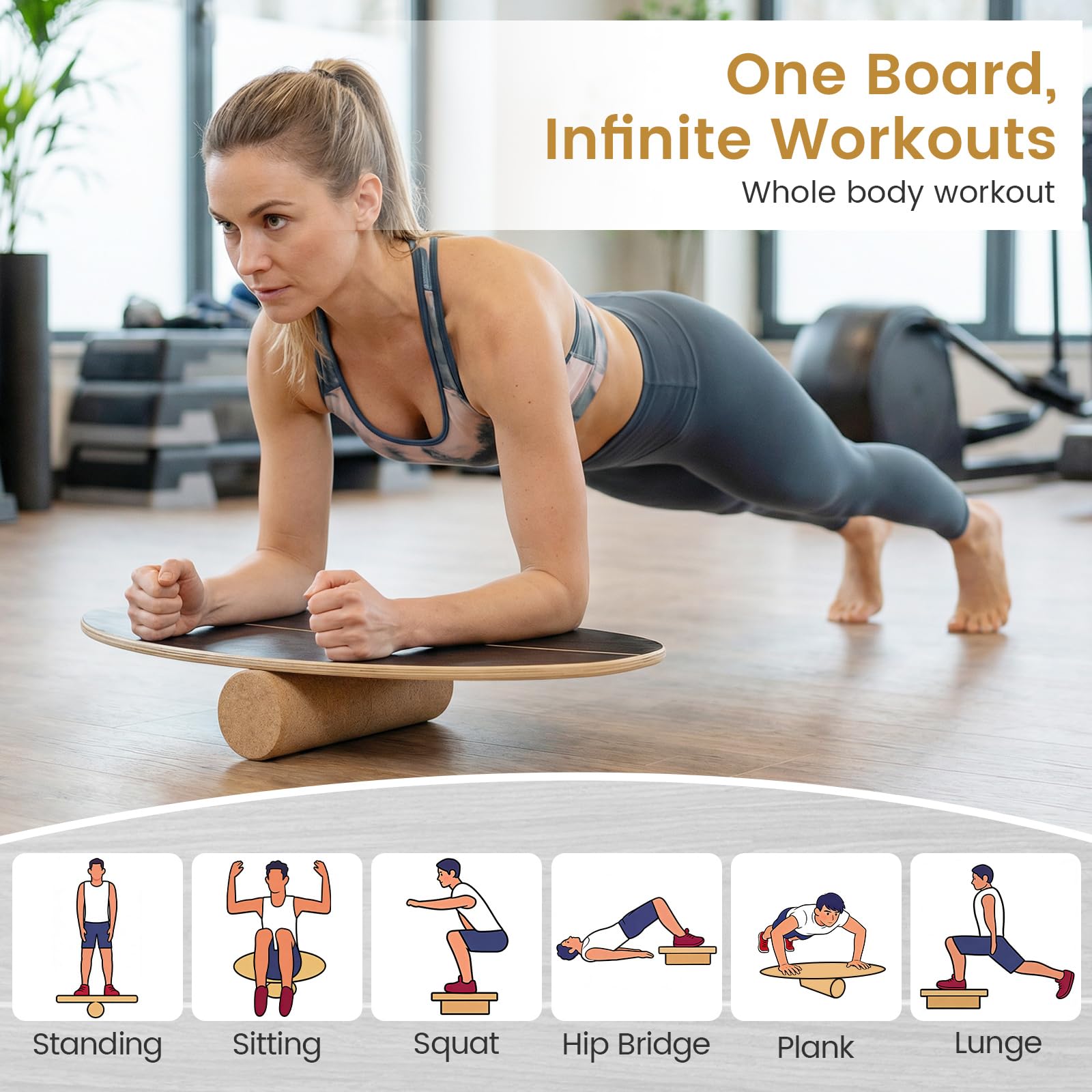 GYMAX Tavola per Equilibrio in Legno con Rullo in Sughero e Supporto di Stoccaggio, Balance Board a Forma di Foglia per Allenamento Surf, Skateboard e Snowboard per Adulto e Bambini