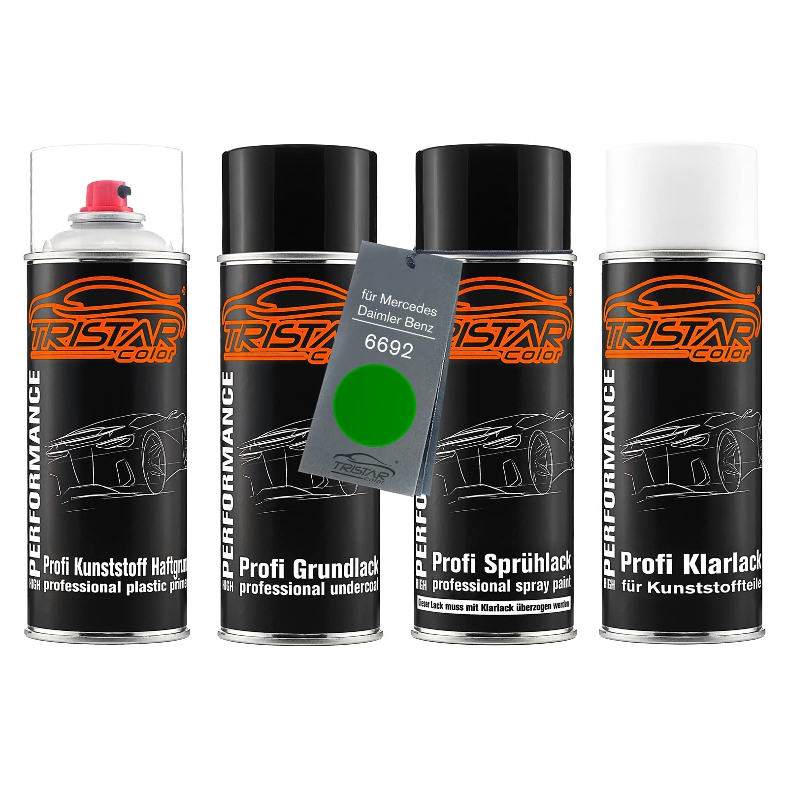 TRISTARcolor Zestaw w sprayu do plastiku do Mercedes 6692 Amg Green Hell M. | do Mercedes / Daimler Benz, Amg Green Hell Metallic, Lakier samochodowy, Zestaw aerozoli do zderzaka/plastiku