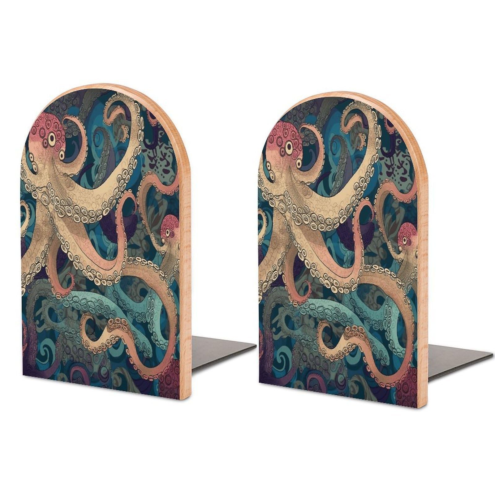 Abstract Octopus Kraken Bookend Wood Book End for Shelves Heavy Duty Non-Slip Wooden Bookend Support Universal Economy Bookends Fancy Modern Decorative Book Accessories 1 Pairs