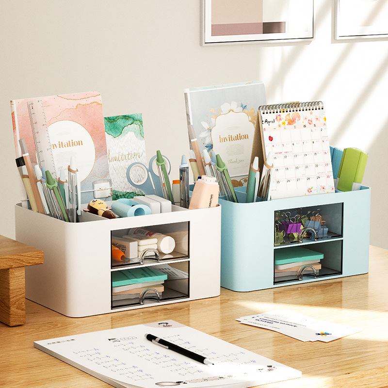 Organiseur De Bureau Multifonction Rose Compact - 5 Compartiments, 2 Tiroirs, Plastique ABS Résistant
