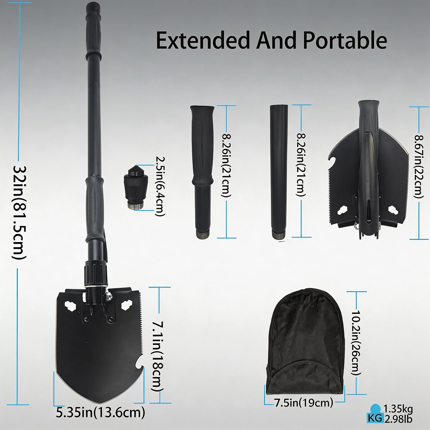 Pala Plegable Multifuncional 81.5 cm, Pala de Nieve Plegable, Pala Plegable Militar, Pala de Supervivencia Camping, Portátil Pala Plegable para Camping, Jardín, Supervivencia, Senderismo, Car
