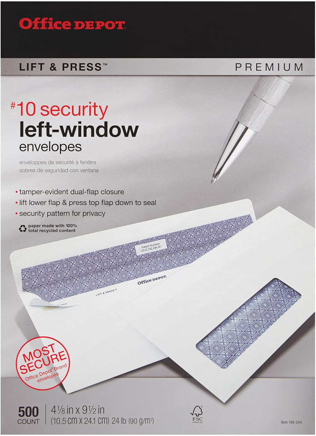 Office Depot 100% Recycled Lift Press(TM) Window Envelopes, #10 (4 1/8in. x 9 1/2in.), White, Pack Of 500, 76171