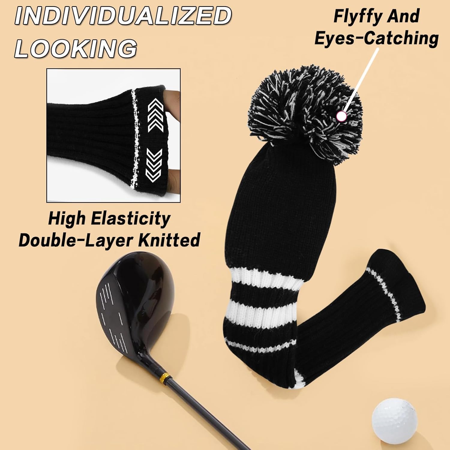 Confezione da 3 o 4 copri mazze da golf per Woods 1 3 5 Driver Fairway ibridi in legno con targhetta numerica lavorata a maglia (Carbon1335