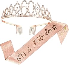 60th Birthday Sash and Tiara,Rhinestone Crown Headband for 60 Birthday Gift Glitter Crystal Hair Accessories Rose Gold Queen 60th Birthday Decoration for Girls Women Birthday Party Supplies